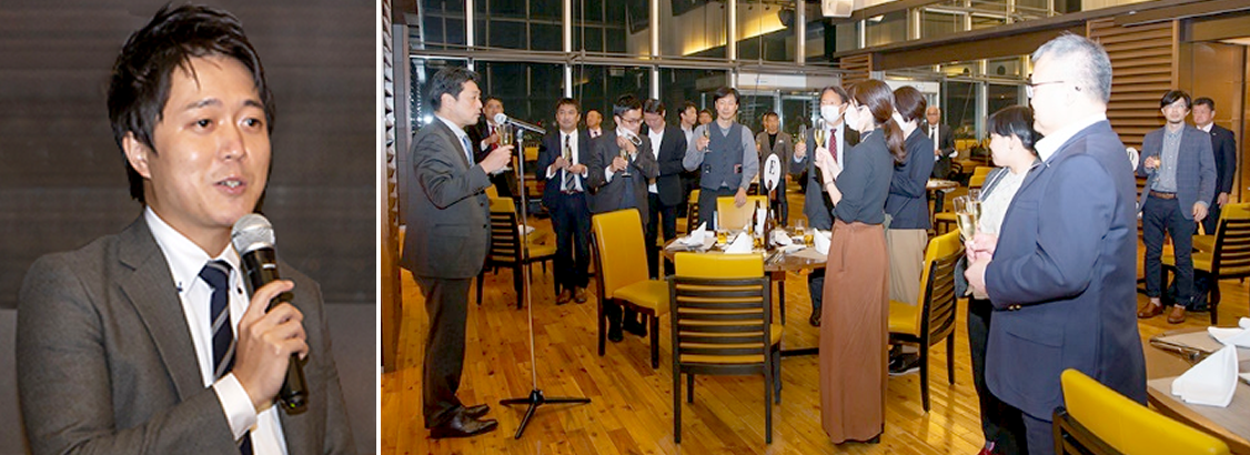 《懇親会司会の白橋昌磨氏と懇親会風景》 